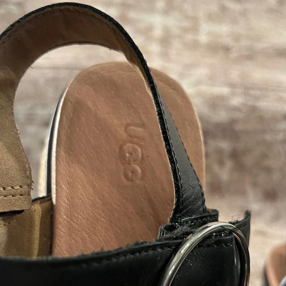 UGG Black Leather Espadrille Platform Sandals with Buckle - Picture 10 of 12